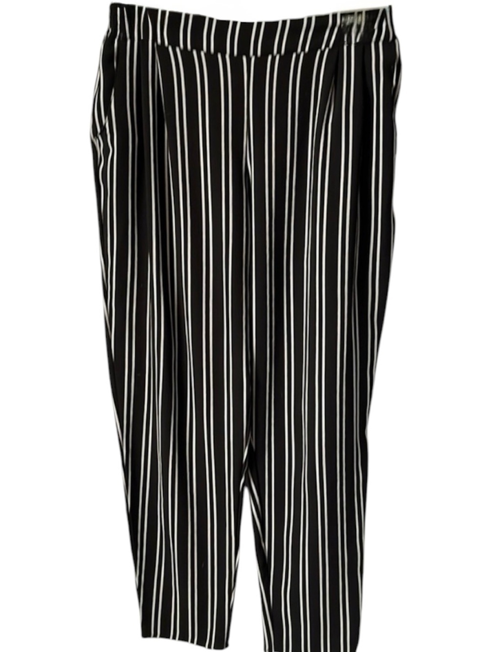 Mlle Gabrielle Black White Striped Pull On Pants Stretch Waist Cropped Large